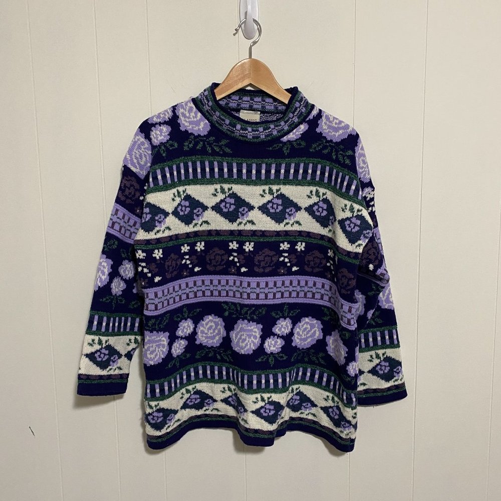 Vintage 80s Purple and White Floral Mockneck Knit Sweater Retro Preppy Sz Large - Picture 8 of 10